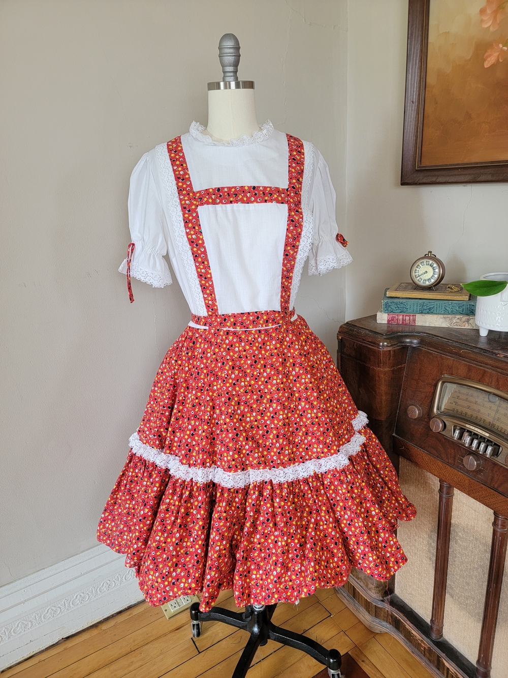 Vintage Square Dance Dress Red Floral Malco Modes 1950s Western